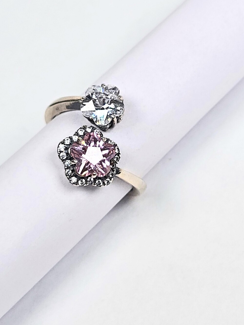 925 Sterling Silver Adjust 7-8 Dual Flower Ring Pink & Clear CZ Open Band Floral